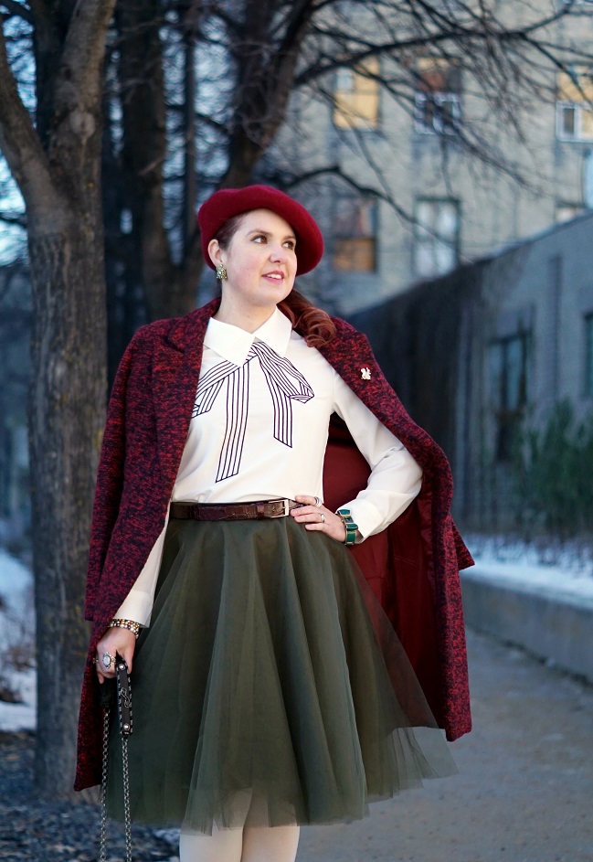 Winnipeg Style, Chicwish burgundy wine tweed winter coat, Chicwish embroidered bow blouse, Chicwish green tulle skirt, Chie Mihara tile suede patent leather Norman shoes, Mary Frances Tuned In boom box ghetto blaster clutch bag